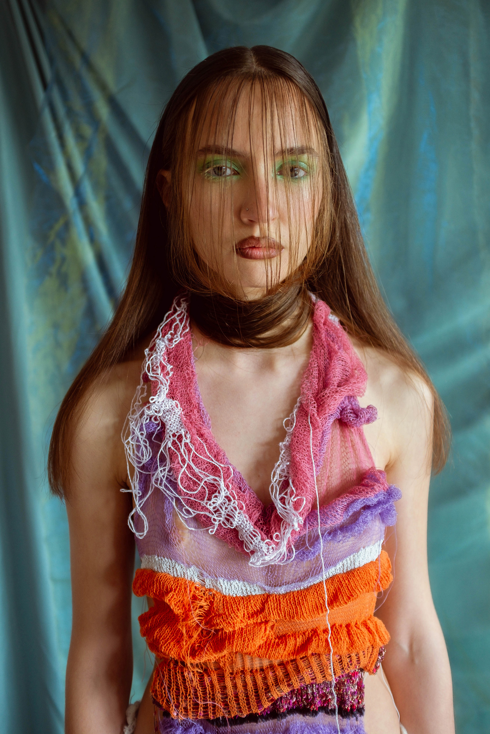 a woman with a net over her head